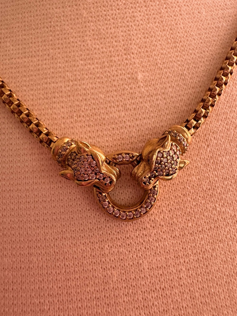 Gold-Tone Panther Head Necklace with Pink Pavé Accents